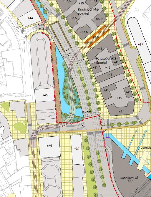 Figuren viser utsnitt av planforslaget og utsnitt av illustrasjonsplan for Nygårdstangen, plangrense vist med rød stiplet strek. (Opus AS /Bergen kommune). Fylkeshuset og Wigandgården vist med piler.