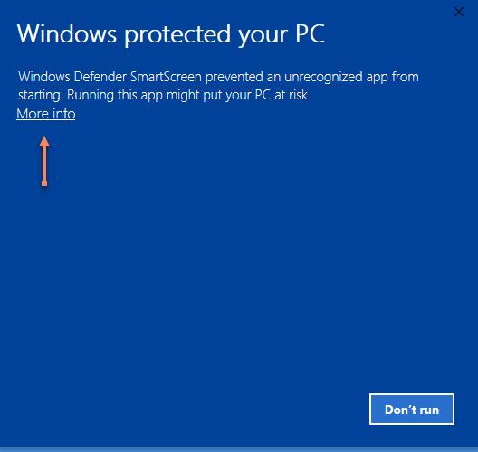 ned. 1. Velg Run. 2. Får du opp Windows Defender Smartscreen, velg More info 3.