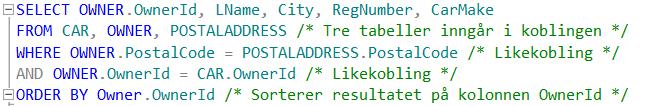 Figur 8-10: Spørring som kobler tre tabeller. Resultatet av spørringen der de tre tabellene kobles, er vist i Figur 8-11.