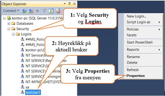 I Figur 13-2 vises en testbruker kalt testuser1, som er opprettet med SQL Server Management Studio.