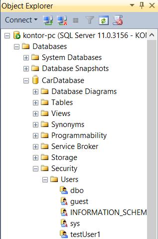 Figur 13-5: Brukeren testuser1 tilgjengelig under Databases -> CarDatabase -> Security -> Users