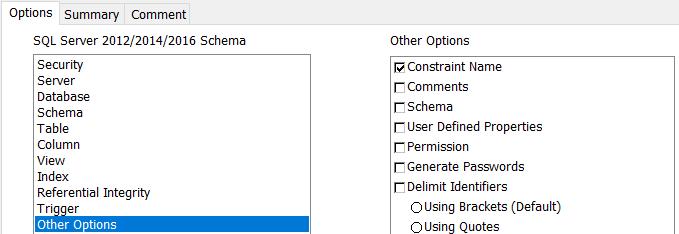 Figur 14-41: Konfigurering av «Referential Integrity» Under «Other Options» behøves det bare å velges «Constraint Names» (jf. Figur 14-42). Figur 14-42: Konfigurering av «Other Options».
