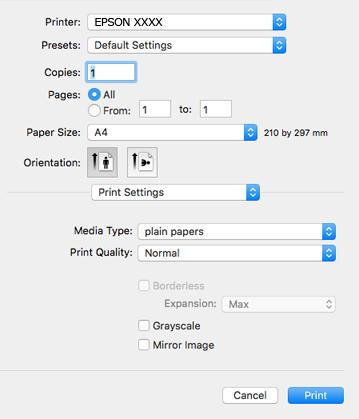 Utskrifter 5. Velg Utskriftsinnstillinger fra hurtigmenyen. På OS X Mountain Lion eller nyere, hvis Utskriftsinnstillinger-menyen ikke vises, har ikke Epson skriverdriveren blitt riktig installert.