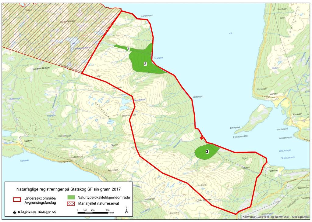 Figur 17. Det undersøkte området Mariafjellet med registrerte kjerneområder.