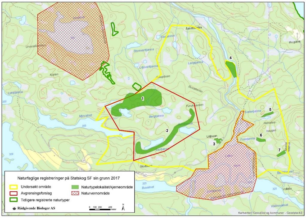Figur 23. Det undersøkte området mellom Urvatnet og Litlbumyra med registrerte kjerneområder og avgrensingsforslag til vern.
