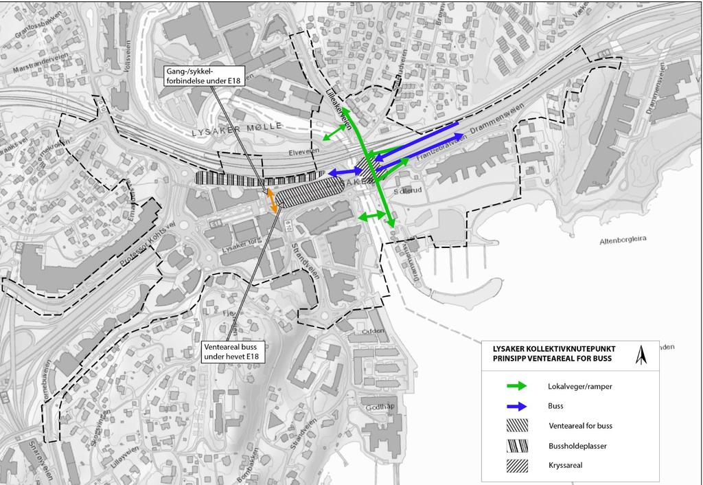 Busstasjon og venteareal Venteareal for buss plasseres under ny E18-bru i Bærum med direkte tilknytning til busstasjonen. Romprogrammet for busstasjonen gir føringer for planalternativet.