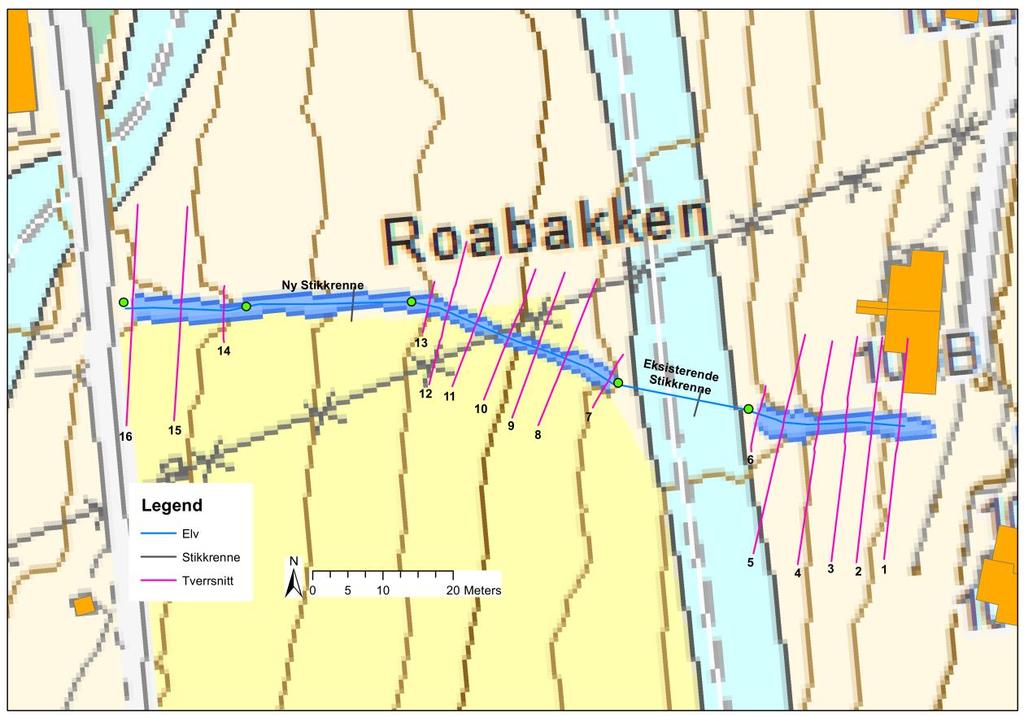 Vannlinjeberegning og Dimensjonering av erosjonssikring, Jaer gård-roabakken 11 Figur 5: Kartet viser