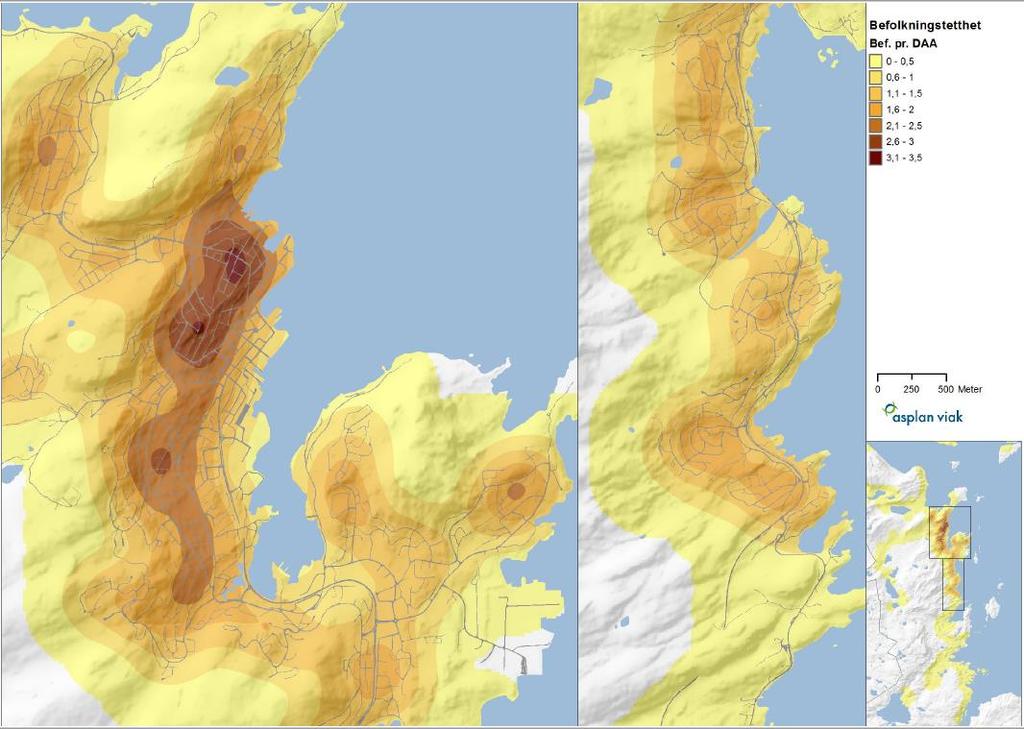 Kartet under viser befolkningstetthet (befolkning pr dekar) i Harstad. Vi ser at befolkningstettheten er størst i Sentrum, og noe åpnere i f.eks delområde «Kanebogen og Seljestad».
