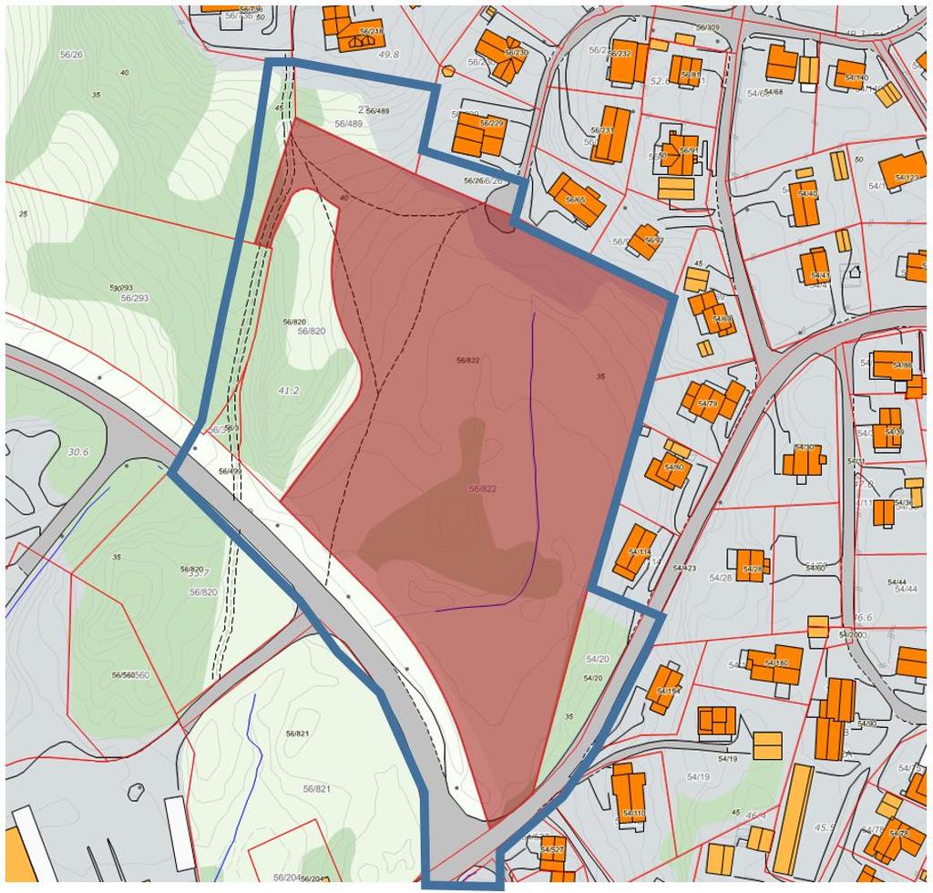 Plangrense Eiendom 56/822 Figur 11. Avgrensing av planområdet markert med blått omriss. Utviklingsareal for ny næringsetablering innenfor eiendom 56/822, markert med mørk rødt felt.