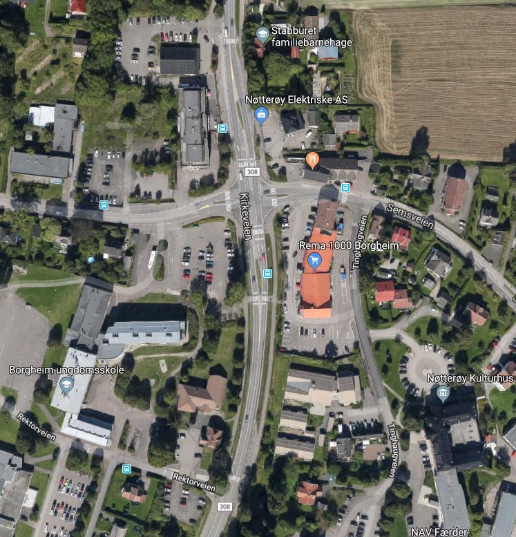 Område e og f ligger på vestsiden av Kirkeveien sør for Nøtterøy kirke. Til sammen har disse områdene 14 elever. Langs Kirkeveien er det GS-veg på vestsiden og nordover frem til Rektorveien.