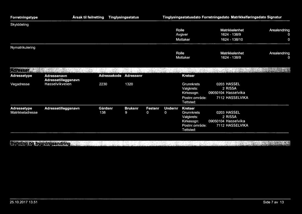 Forretningstype Årsak til feilretting Tinglysingsstatus Tinglysingsstatusdato Forretningsdato Matrikkelføringsdato Signatur 1624 138/9 1624-138/1