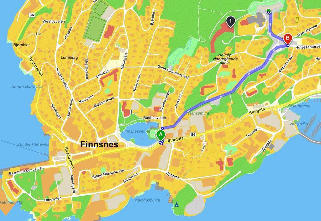 Veibeskrivelse: Ta av opp Rådhusveien ved Finnsnesvatnet. Ta av første kryss til høyre inn på Helsesenterveien og følg denne ca 700 meter.