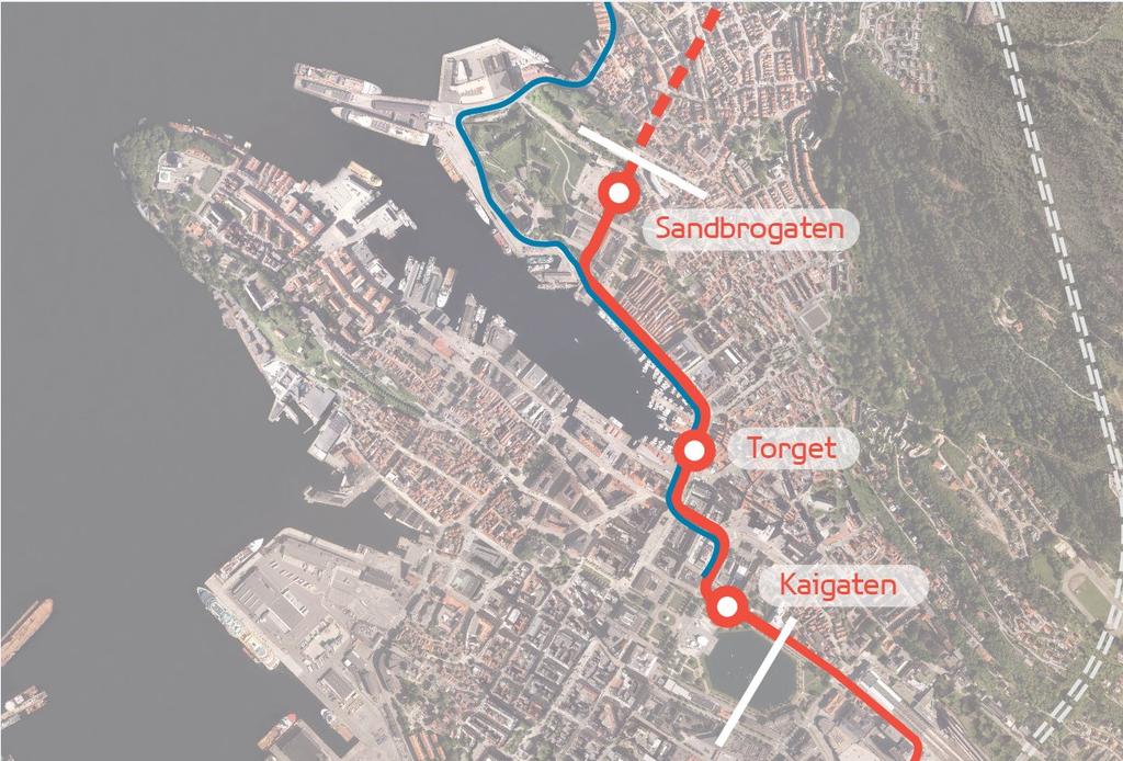 Delstrekning 1: Kaigaten - Sandbrogaten Beskrivelse Banetraséen kobler seg på eksisterende trasé i Kaigaten, der den midlertidige endeholdeplassen for banen til Fyllingsdalen skal bygges.