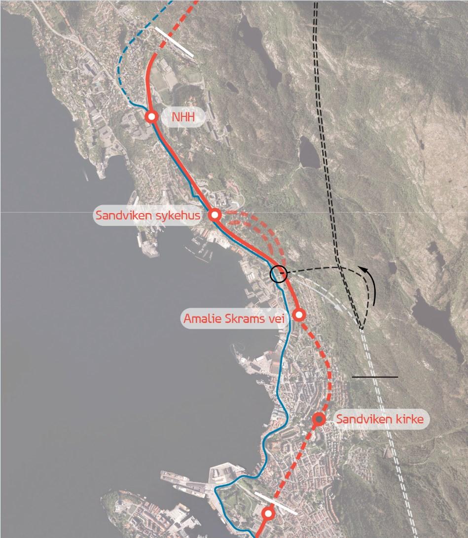 Delstrekning 2: Sandbrogaten - Eidsvågtunnelen Beskrivelse Banetraséen går i tunnel fra Sandbrogaten til holdeplass i fjell ved Sandviken kirke, og videre mot Amalie Skrams vei.