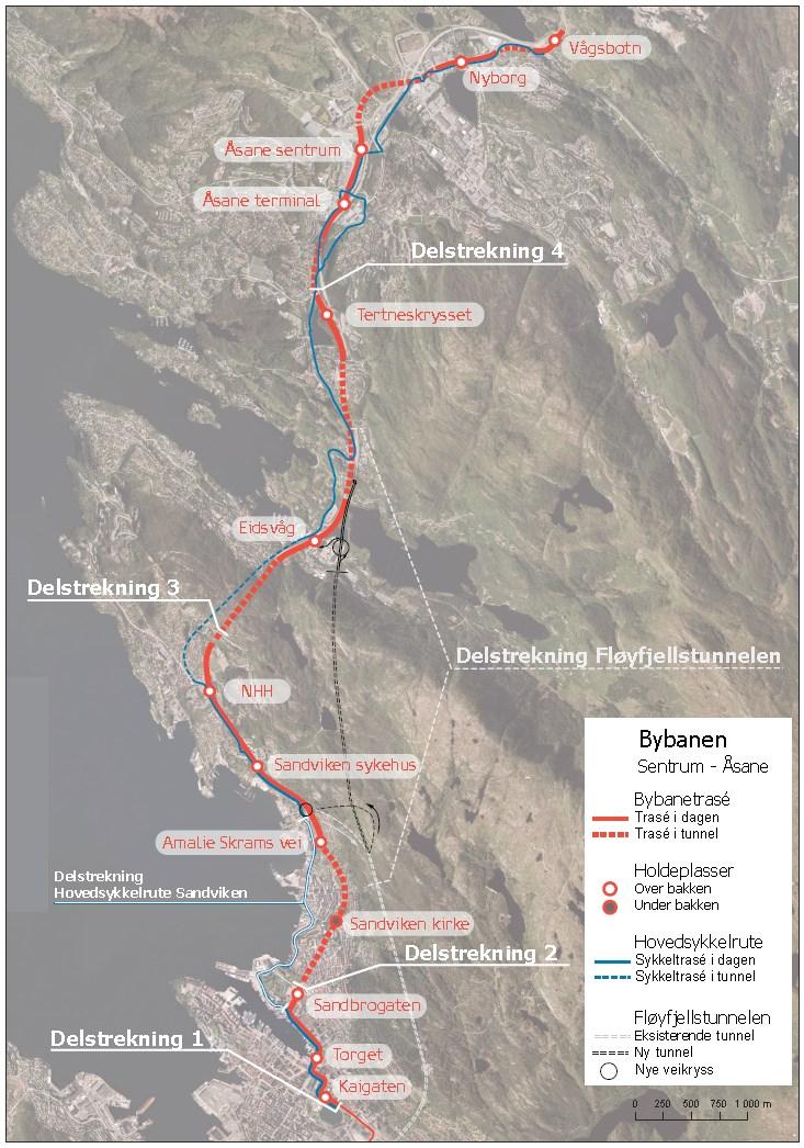 Oversiktskart over bane- og sykkeltrasé til