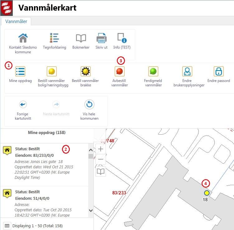 1. Velg «Mine oppdrag» og finn riktig bestilling i listen 2. Klikk på oppdraget for å zoome til vannmåleren 3. Velg «Avbestill vannmåler» 4.