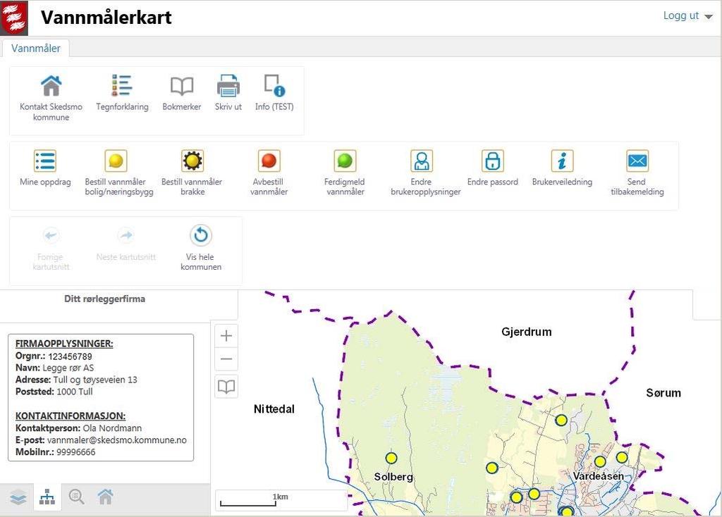 Kartløsningens utseende og funksjoner Kontaktinformasjon hvis du oppdager feil eller har spørsmål Skrur på tegnforklaringen vannmåleroppdragene dine vises som bestilt, utlevert og installert.