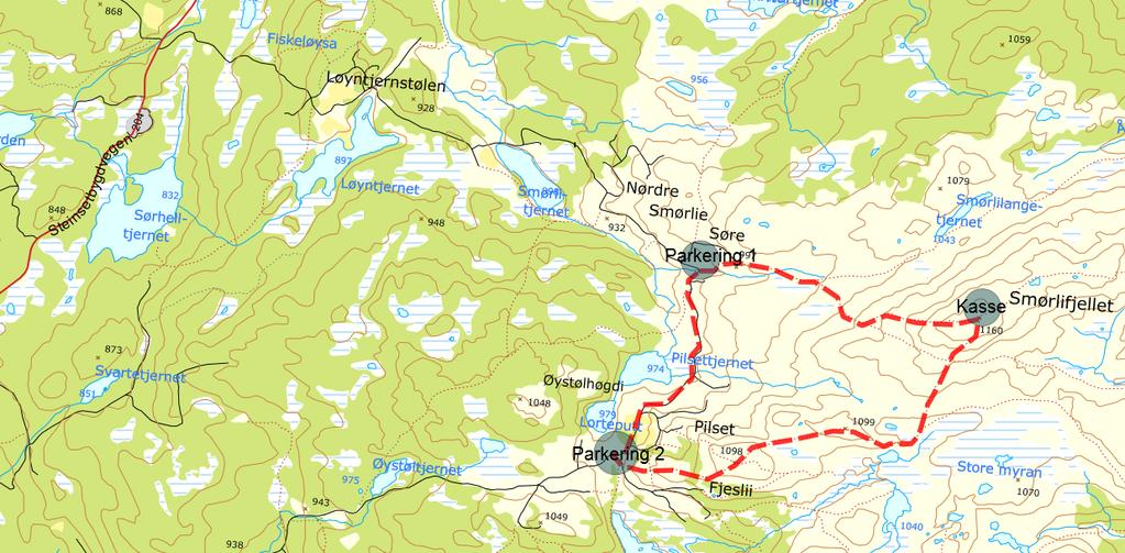 3 Smørlitoppen (1160 moh) Kjørebeskrivelse: Fra E16 kjør inn til gamle Leira sentrum og opp Månovegen. Følg bomveg til Pilset, og videre til Søre Smørlie. Parkering: Parkering ved Søre Smørlie.