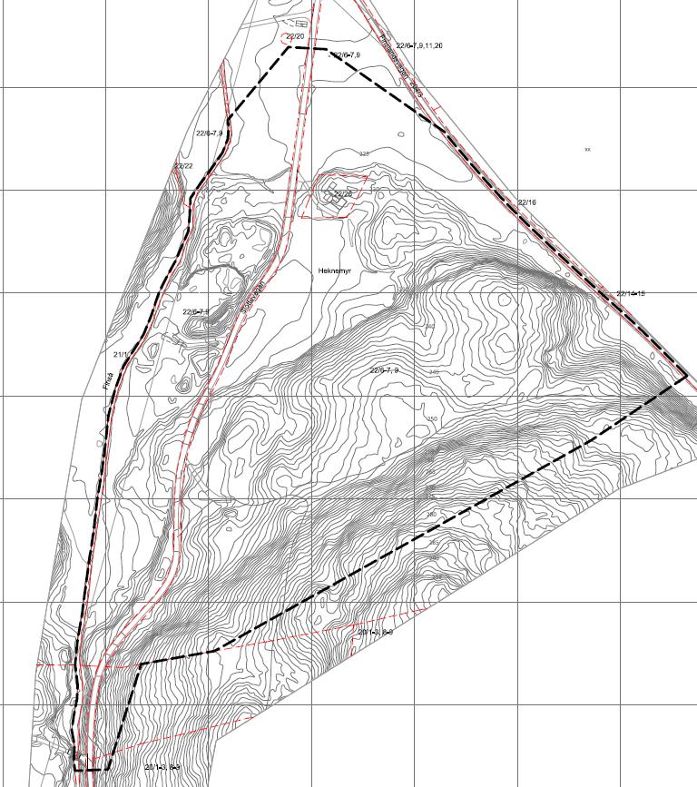 Fig. 2. Utkast kunngjøringskart, datert 24.04.2018. Kart: Stærk & Co as. Planområdet er på rundt 200 daa. Planlagte masseuttak er på ca. 65 daa og planlegges tatt ut fra vest mot øst.