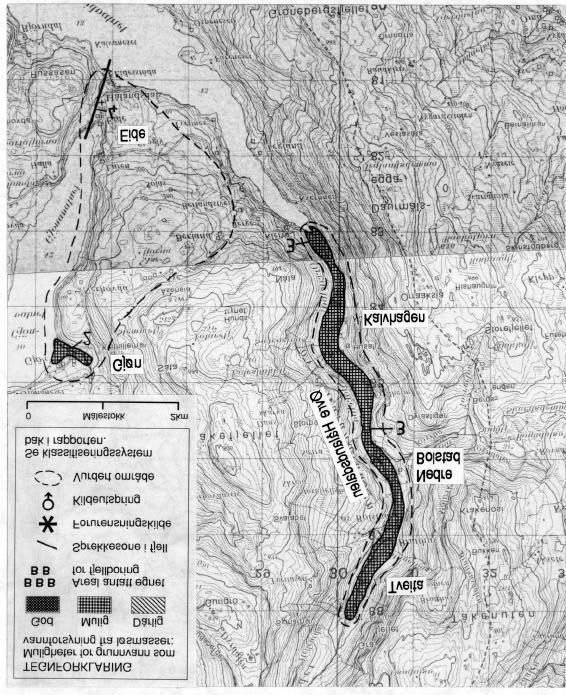 Fig. 2 Utsnitt av kartbladene (M711) 1215 II Varaldsøyna og 1215 I Norheimsund som viser de vurderte områdene Eide-Gjøn og