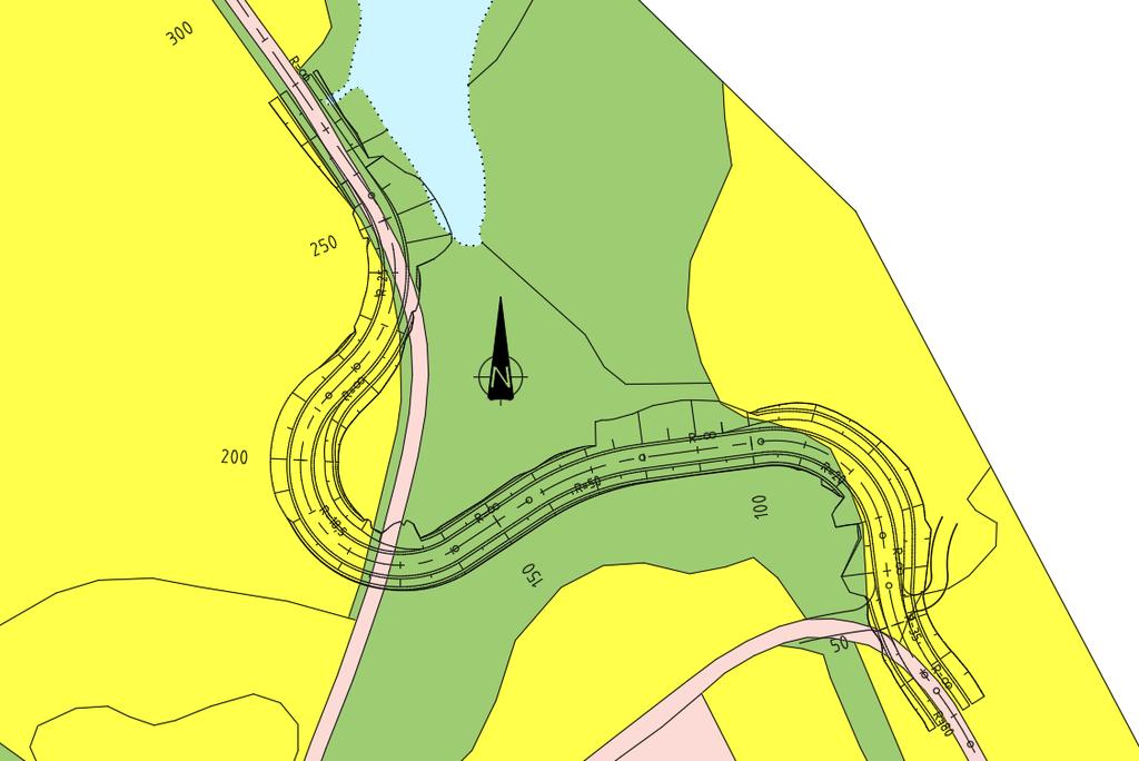 11 Figur 8 - Ny veggeometri for omleggingen ved Skjesolvegen 214 med AR5-data som underlag. Gult areal er jordbruksareal, grønt areal er skog og annen fastmark, og beige er bebyggelse og samferdsel.