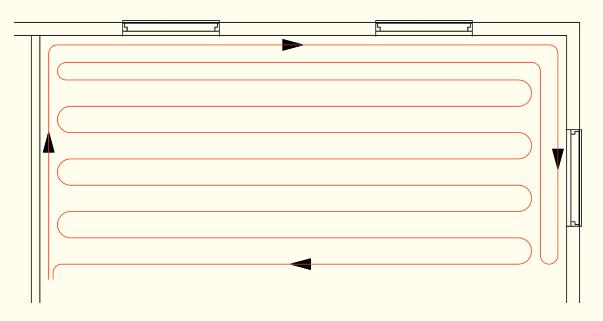 8.0 Gulvvarmesystemer. Slik fungerer Variant gulvvarmesystem. Figur viser spiralmønster i et rom med yttervegger.