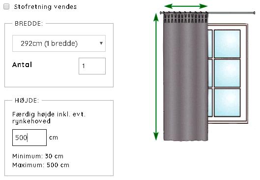 Du har imidlertid muligheten til å fjerne haken ved teksten "Stoffretning vendes." Heretter vil bredden på metervaren brukes som bredden på den ferdigsydde gardinen.