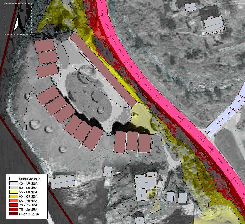 3 Resultat og vurderinger 3.1 Uteoppholdsareal Beregnet støynivå på utearealer i 1,5 m høyde er vist i Figur 4.