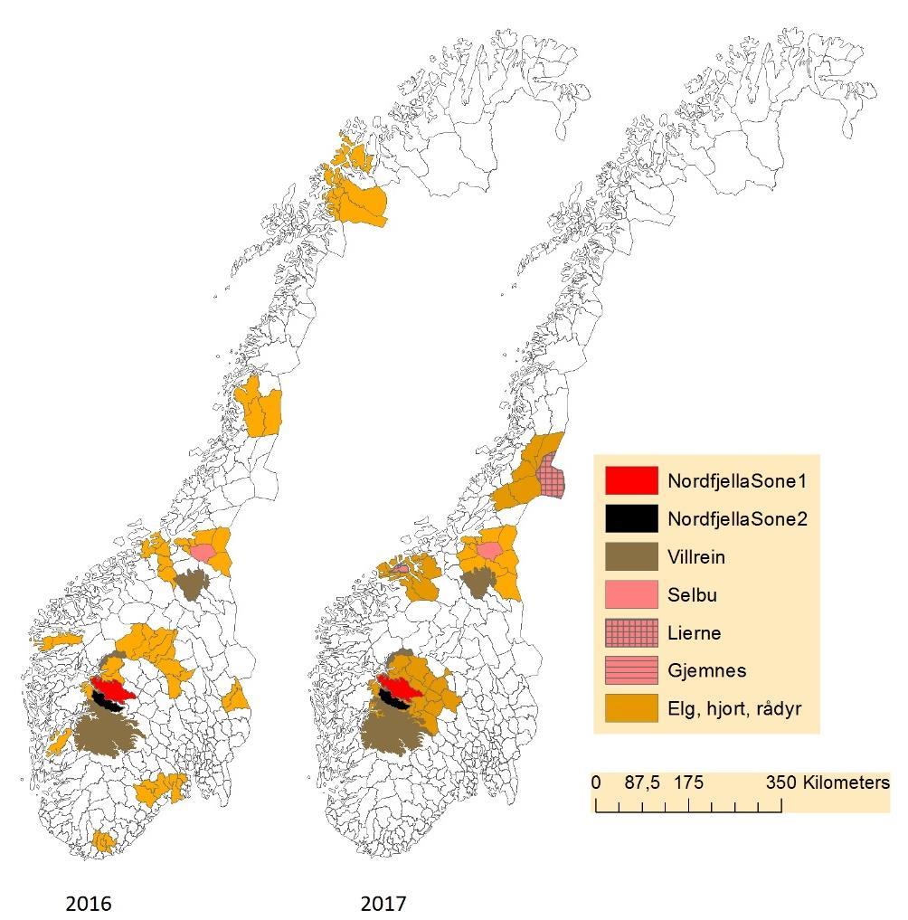 2 Materiale og metoder 2.1 Kartleggingsområder og innsamlingsperioder i 2016 og 2017 2.1.1 Hjortevilt felt under jakt I 2016 ble det tilrettelagt for organisert prøvetaking i tre villreinområder og 51 kommuner (figur 2.