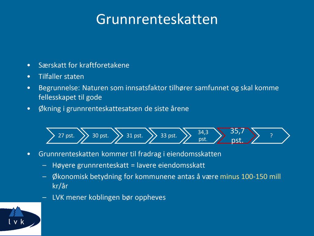 Grun n ren teskatten Særskatt for kraftforetakene Tilfaller staten Begrunnelse: Naturen som innsatsfaktor tilhører samfunnet og skal komme fellesskapetil gode Økning i grunnrenteskattesatsen de siste