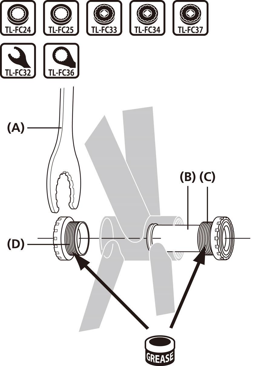 INSTALLASJON (FREMRE KRANKDREV) INSTALLASJON (FREMRE KRANKDREV) HOLLOWTECH II/2-delt kranksett Montering av kranken For MTB/Trekkinghar samme grup Avstandsstykker som brukes varierer i samsvar med