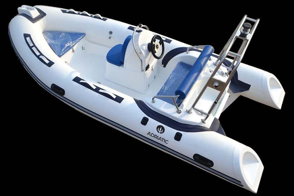 ADRIATIC 430 SPORT Lengde: 4,3m (14 fot) Bredde: 2m Vekt: 220kg Maks motor: 7 Maks personer: 9 Maks