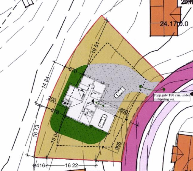 Tiltakshaver ønsker og plassere boligen 2 meter utenfor byggegrensen mot vest og søker med det om dispensasjon fra byggegrensen i reguleringsplanen.