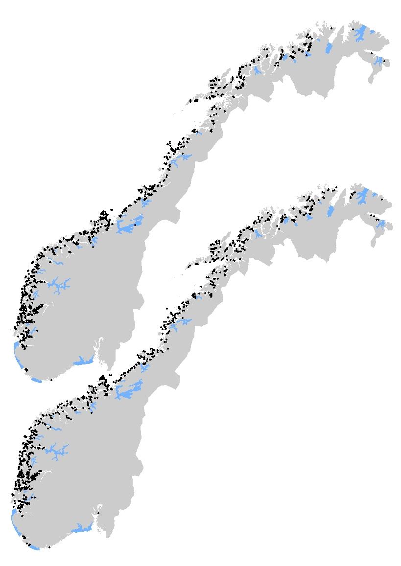 7.5 Kartgrunnlag oppdrettsanlegg 2005-2006 2015-2016 Figurene viser lokaliteter for matfiskanlegg i 2005-2006 (øverst) og i 2015-2016