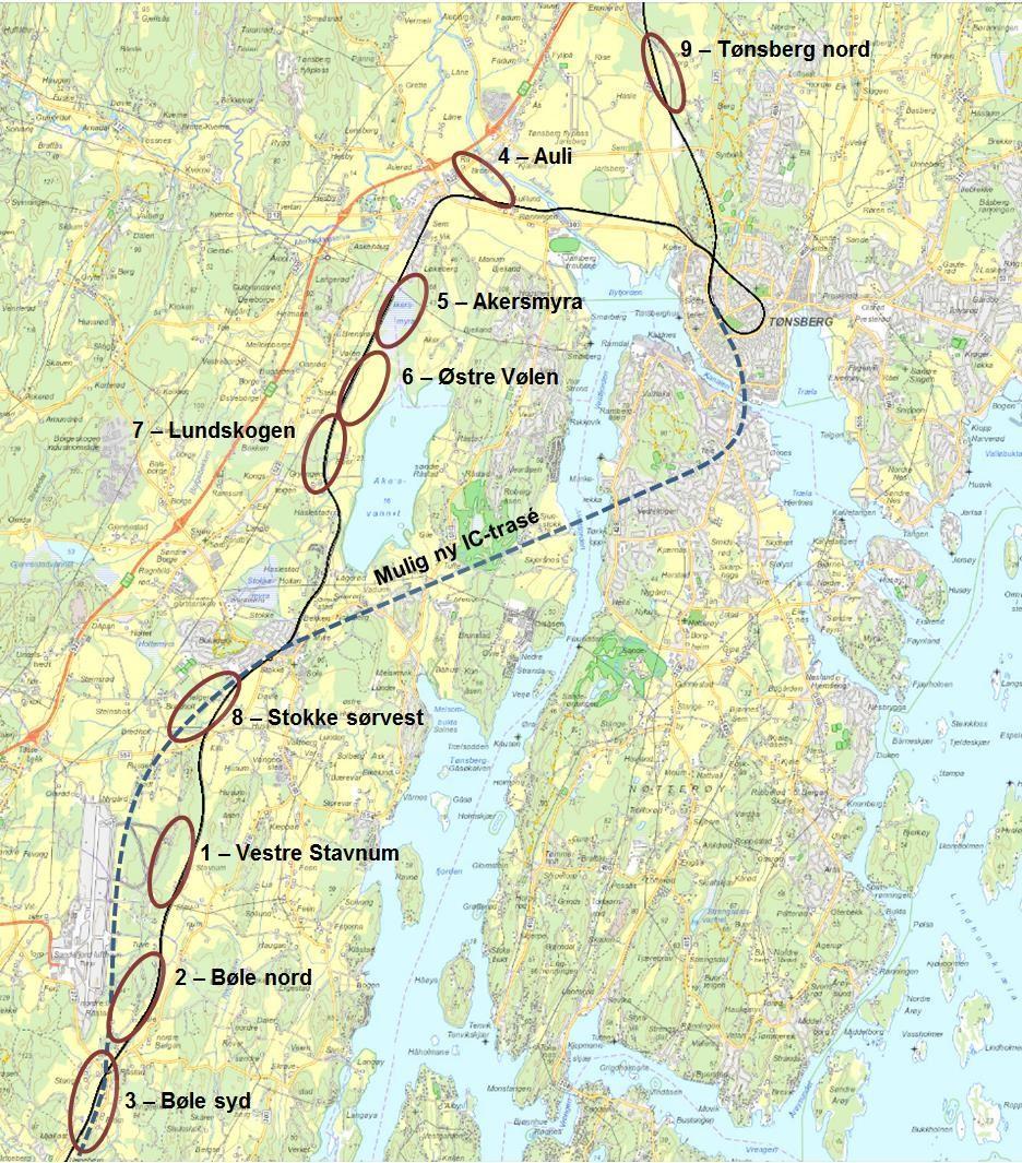 Prosjektnr. 224435 44 av 50 Det er ikke besluttet hvorvidt ny IC-trasé mellom Tønsberg og Stokke vil gå via Nøtterøy eller langs en oppgradert eksisterende trasé.