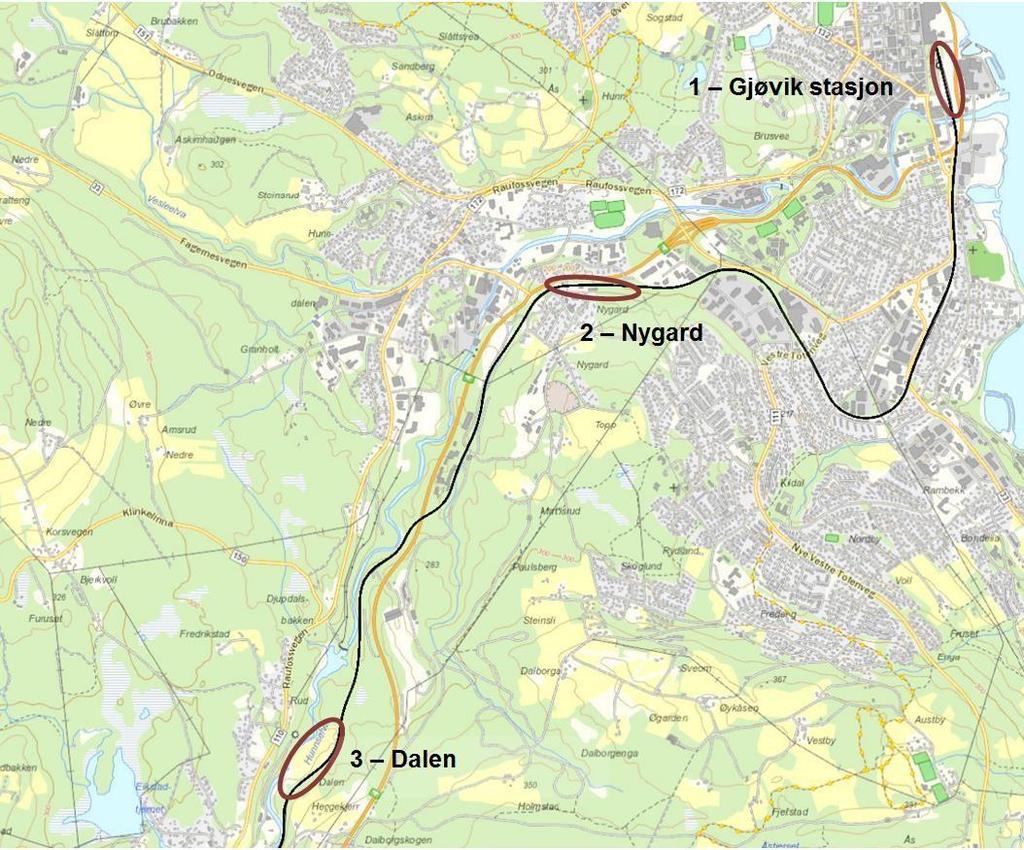 Prosjektnr. 224435 48 av 50 3.4.1 Gjøvik Ved Gjøvik er det søkt etter arealer hvor det kan være mulig å etablere et hensettingsanlegg med inntil 12 plasser (ca. 30 daa).