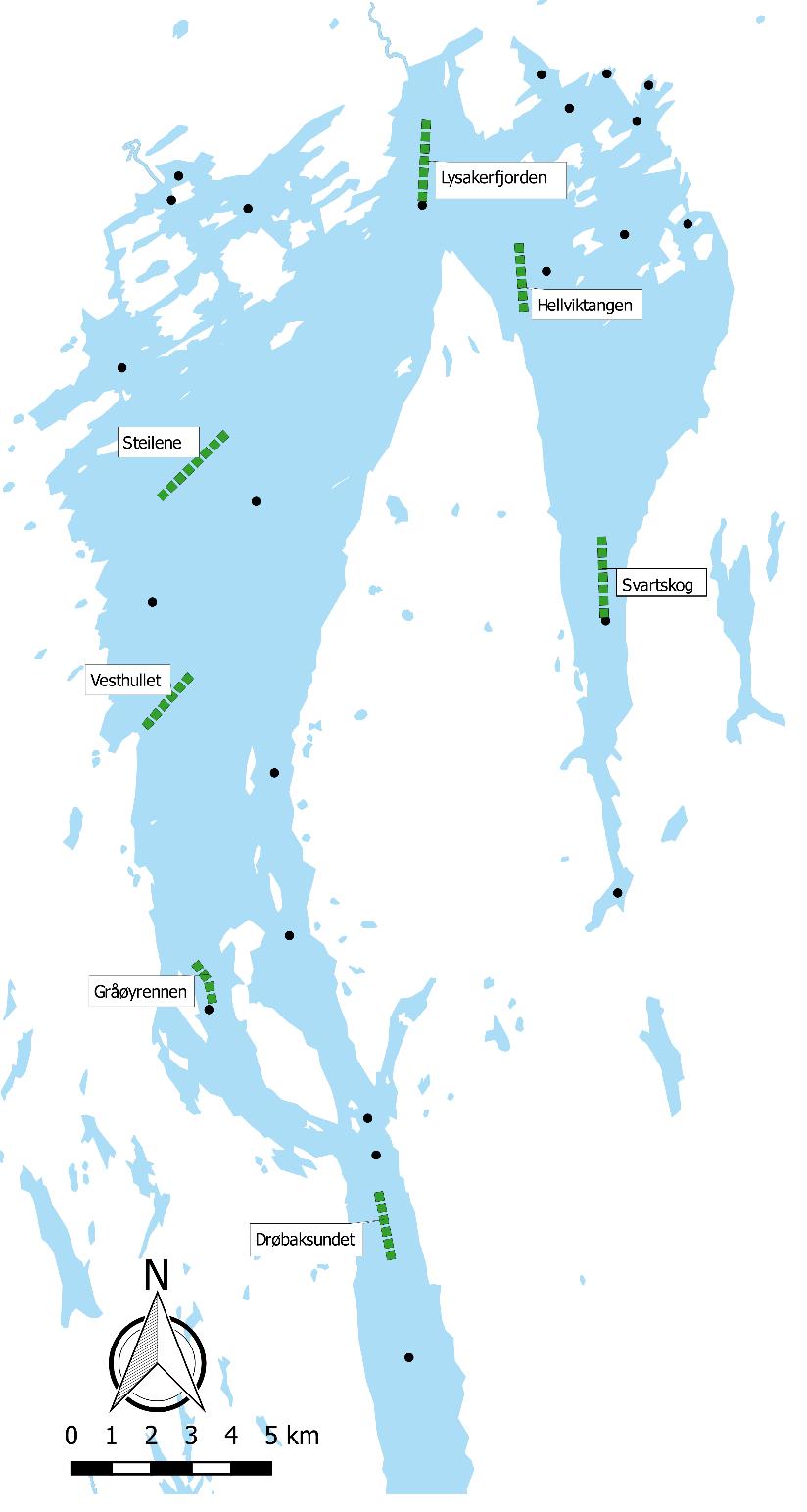 Materiale og metode Innsamling av hyperbentos gjennomføres i samarbeid med F/F Trygve Braarud (UiO), en gang per år langs syv transekter i dypområdene i fjorden (Figur 21).