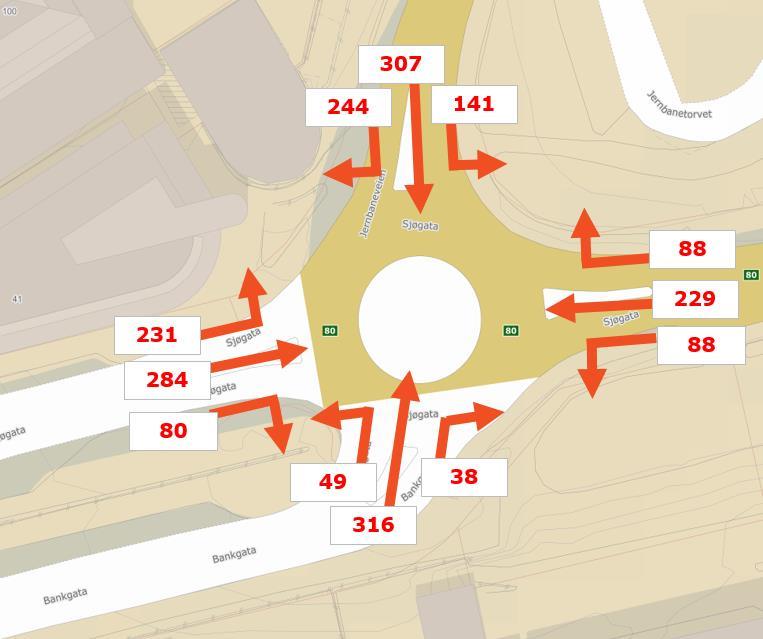 8 REGULERING AV SJØGATA 37 OG 39 BODØ Videre viser figur 3-4 dimensjonerende timetrafikk for år 2030 med Ramsaltprosjektet (t.v.) og med både Ramsalt og Quality Hotel Bodø (t.v.). Dimensjonerende timetrafikk 2030 inkl.