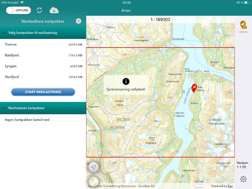 Kartutsnittet ditt før offline bør vere zooma inn så mykje som mogleg, og du bør så langt som råd planleggje ved å syte for at aktuelle kartpakkar er lasta ned til ipad på førehand.