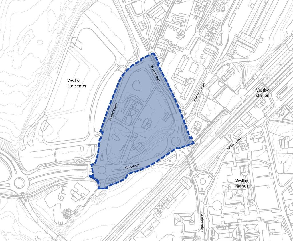 Forslag til planavgrensning vist på grunnkartet for Vestby sentrum. «Gartnerikvartalet» ligger sentralt i Vestby sentrum mellom Vestby storsenter og Vestby stasjon.