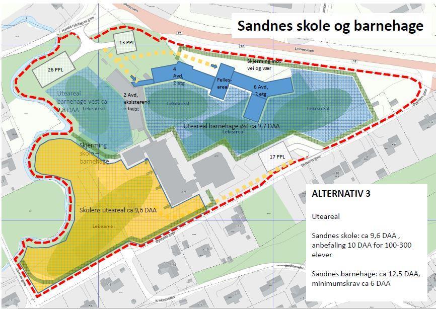 4. Beskrivelse av planforslaget Planforslaget legger til rette for en storbarnehage på Sandnes for inntil 216 barn samt ombygging av dagens barneskole.