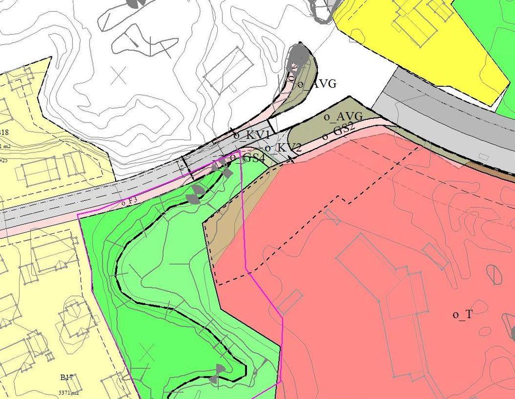 friluftsområde. Mørkerødt område er formålsområde tjenesteyting i gjeldende reguleringsplan.