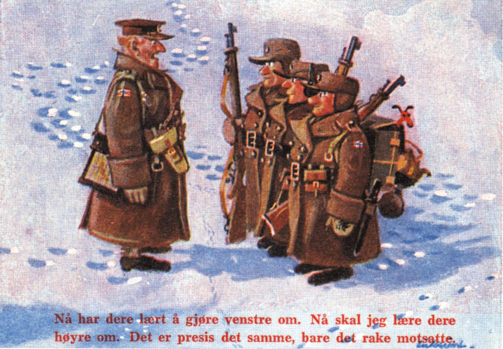 Militær humor: Ett av en serie på fire kort utgitt av Forsvarets kantiner i 1957. bukse med bot i baken.