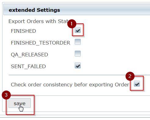 2 I panelet extended Settings velger du ordretilstandene du vil definere at kan eksporteres. Ordre med disse tilstandene vises som standard på siden Order Export.