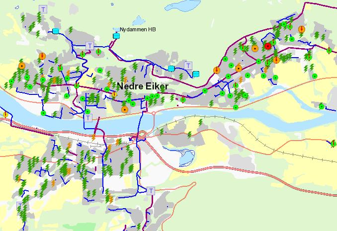 Figur 29: Oversiktskart over permaloggere(sirklene med svart prikk) og oppdagede lekkasjer(lynene) en del av Nedre Eiker kommune.