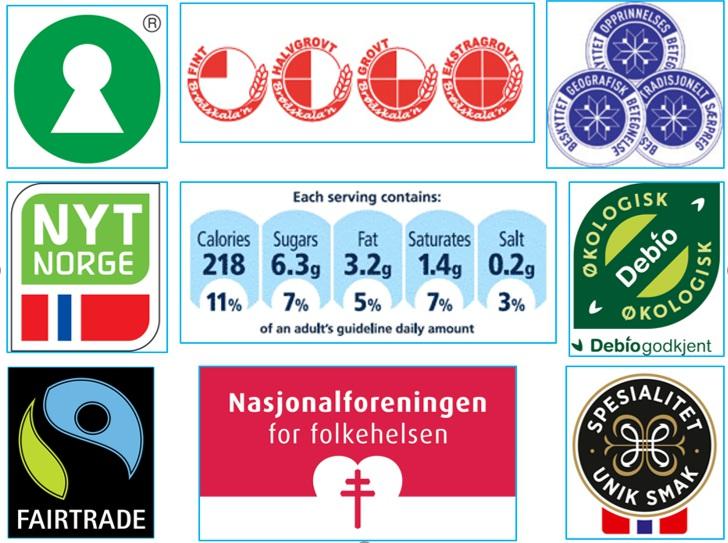 Som mat- og helselærer er det viktig å være kjent med ulike merkeordninger for mat. Velg fem av merkene under og grei ut om hva de betyr.