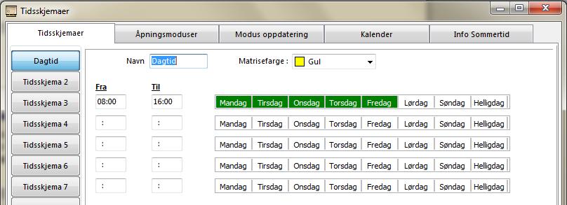 17 Tidsskjemaer Velg i hovedmenyen 1 2 3 4 5 Under menyen Tidsskjemaer er det 5 fliker : - 1). Tidsskjema benyttes for å tidsbegrense adgang for personer i dører. - 2).