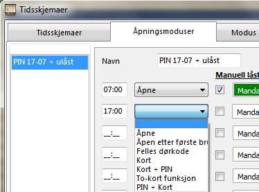 07 Manuell låst/ulåst... 4.08 Åpen etter første bruk Ved å hake av her kan man overstyre skjemaet og sette døren manuelt låst/ulåst ved å holde kortet to ganger foran låsen.