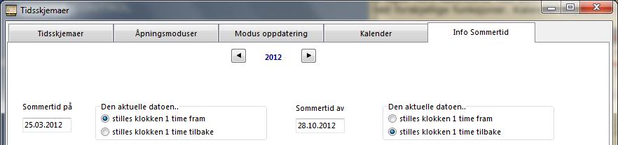 17.5 Info sommertid Brukermanual TS 1000 5.05 Disse feltene er kun for informasjon. Datoer for endring av sommertid og normaltid følger Windows klokke og skifter automatisk når man bytter årstall.