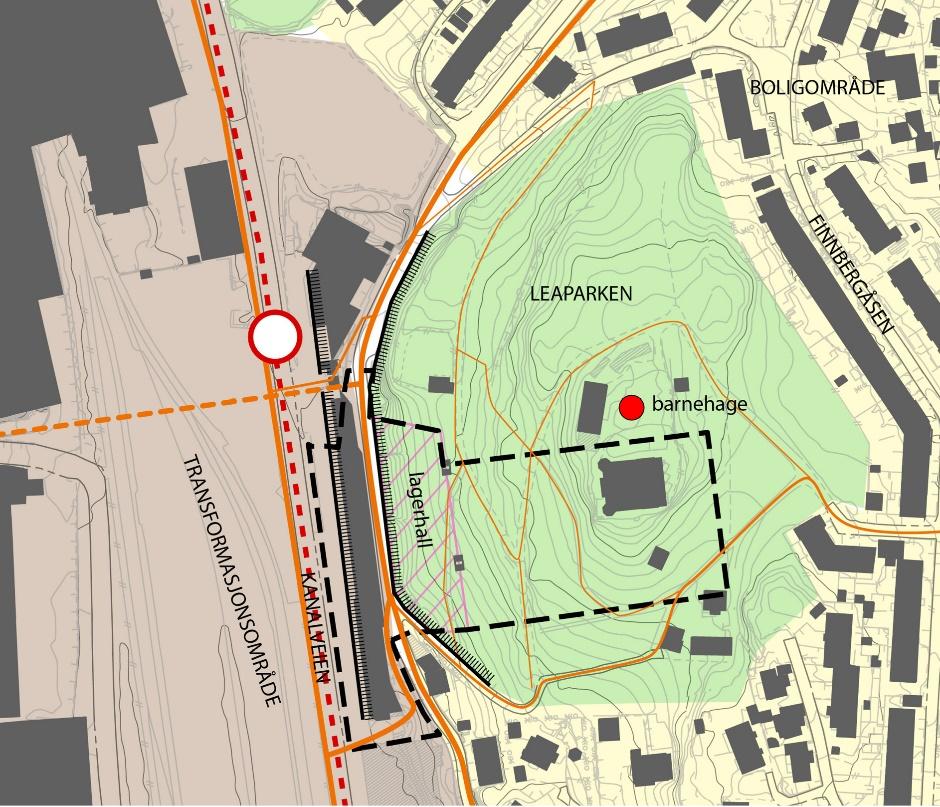 Stedsanalyse Stedsanalysen viser at fasaden langs Svaneviksveien og Kanalveien utgjør en barriere mot Leaparken. I områdeplan Mindemyren er det en intensjon om å stryke koblingen til Leaparken.